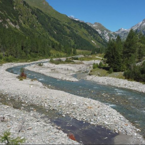 Gebirgsfluss mit breitem Schotterbeet im Dofertal in Kals c NPHT Kurzthaler
